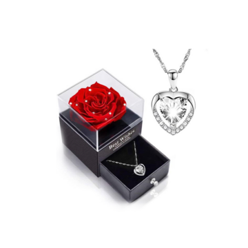 Die ewige Rose in rot, Halskette mit Herz mit Glasdiamanten besetzt, aus echtem Silber, Aufbewahrungsbox mit Schublade AN: 6