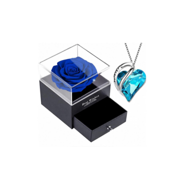 Die Rose der Erinnerung in blau, Halskette mit Glasdiamantenherz blau mit Spange, aus echtem Silber, Aufbewahrungsbox mit Schublade AN: 7