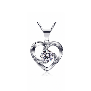 Halskette Herz in silber, mit Glasdiamanten besetzt, im Zentrum der Stein der Erinnerung, aus echtem Silber, AN: 10