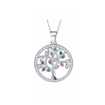 Halskette Baum der Erinnerung silber, mit bunten Glasdiamanten besetzt, aus echtem Silber, AN: 19