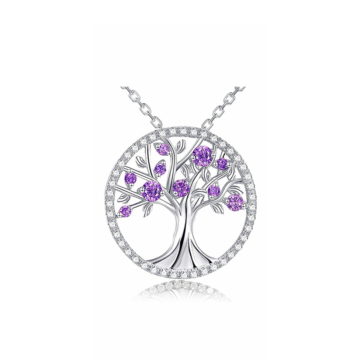 Halskette Baum der Erinnerung silber, mit lila Glasdiamanten besetzt, aus echtem Silber, AN: 18